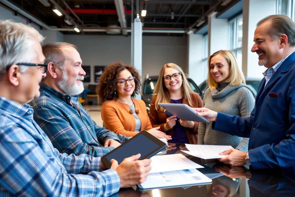 A warm, professional scene showing a diverse group of car owners of different ages, ethnicities, and genders, each receiving personalized attention from a friendly automotive consultant in a modern, well-lit service center. Each owner is engaged in a one-on-one conversation, with tailored documents, vehicle-specific diagnostics on tablets, and customized service plans visible. The atmosphere is welcoming and trustworthy, emphasizing individualized care and attention to detail.