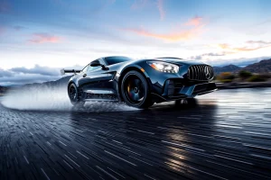 A high-performance car driving on a wet mountain road at dawn, with realistic lighting detailed tires gripping the asphalt water splashing under wheels dramatic sky with soft clouds motion blur on background sharp focus on vehicle and road surface