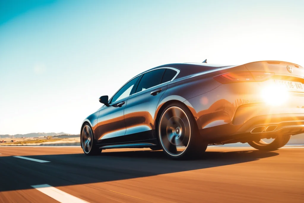 A set of high-quality car wheels with sleek, modern design, mounted on a luxury sedan driving smoothly on a sunlit highway at golden hour, conveying comfort and confidence through motion blur and soft reflections on the rims, with a clear blue sky and gentle landscape in the background