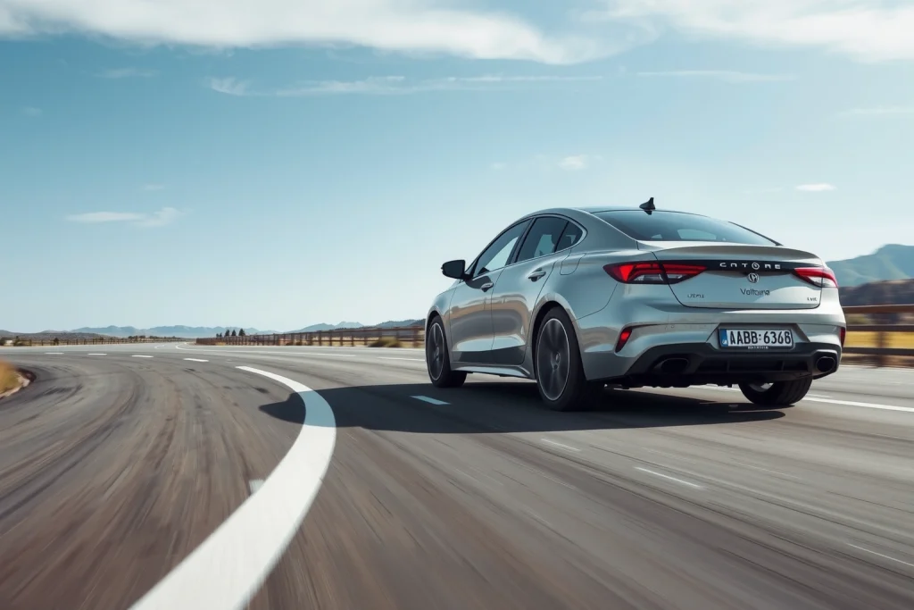 A modern car with sleek design driving on a smooth highway, featuring high-quality Koleso-Bestune wheels prominently visible, emphasizing their durability, stylish alloy finish, and superior grip; background shows clear sky and scenic landscape, conveying safety and performance