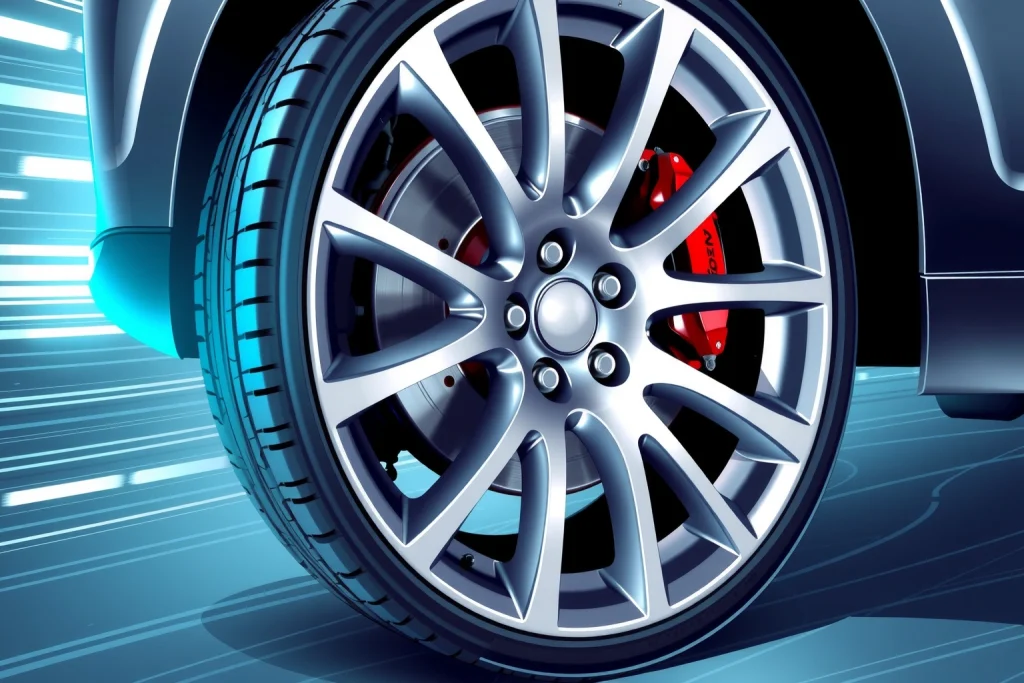 A high-detail illustration of a modern car wheel with visible tread pattern, alloy rim, and brake caliper, emphasizing durability and performance; set against a clean technical background with subtle motion blur to suggest efficiency and reliability, no text or labels