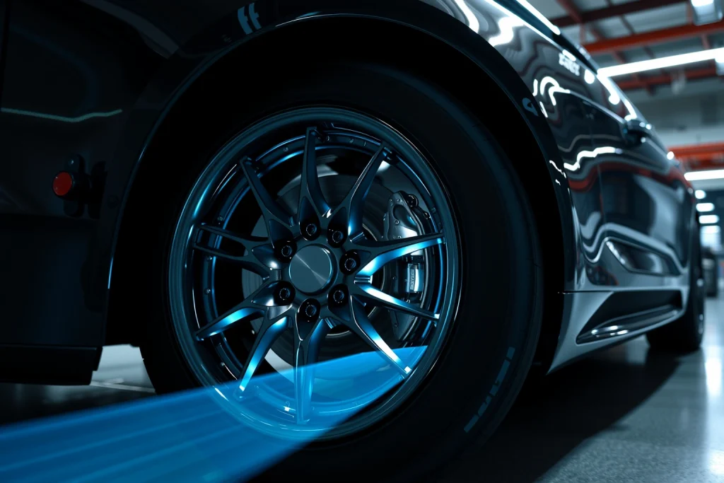 A futuristic car wheel with integrated safety technologies visible: embedded sensors, real-time tire pressure monitoring, anti-lock braking system components, and smart tread patterns glowing with subtle blue light, set against a dark automotive workshop background with soft ambient lighting, emphasizing precision engineering and innovation