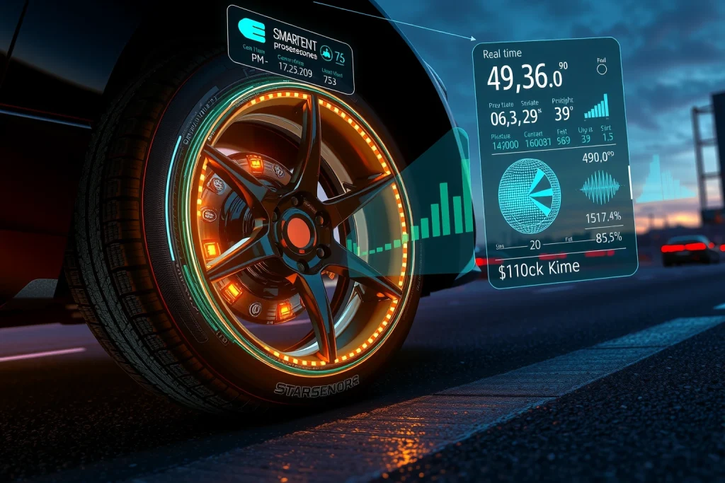 A futuristic car wheel with glowing smart sensors embedded in the rim, transparent tire material revealing internal nanotech fibers, holographic data displays floating above showing real-time pressure, temperature, and tread wear metrics, set against a sleek urban highway at dusk with soft neon reflections on wet asphalt
