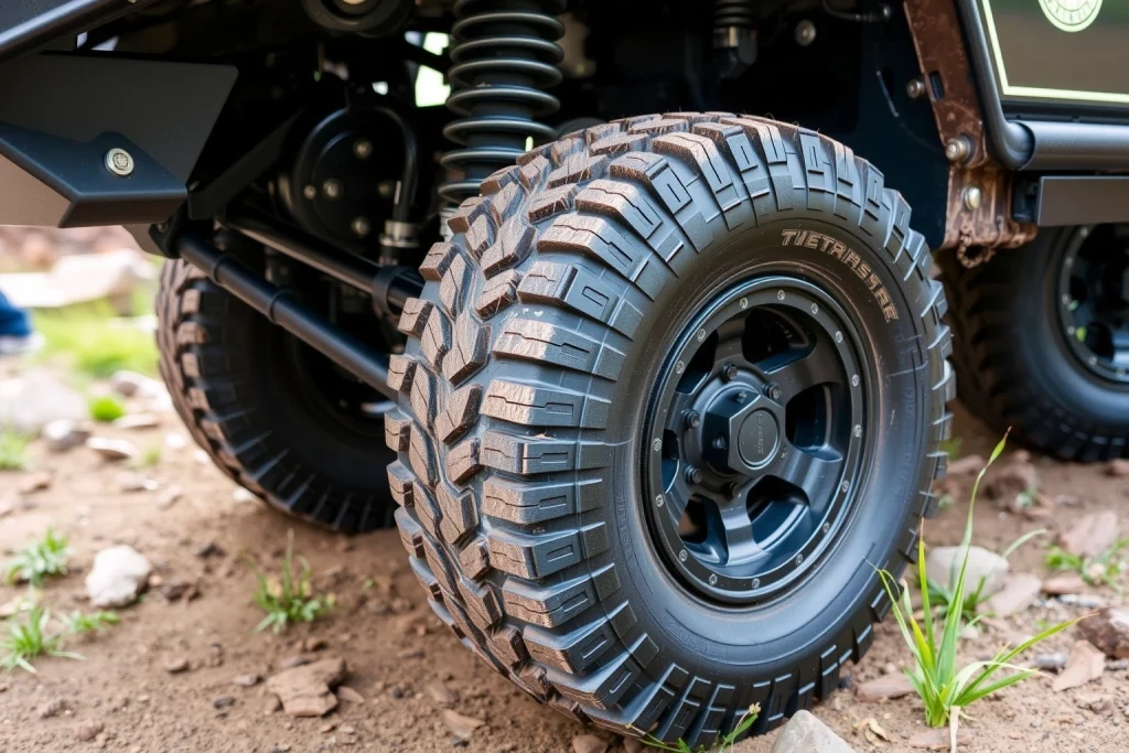 A set of rugged off-road wheels with deep-tread tires mounted on a sturdy vehicle axle, shown in a natural outdoor setting with dirt, rocks, and grass to emphasize enhanced traction and durability for high ground clearance and all-terrain performance
