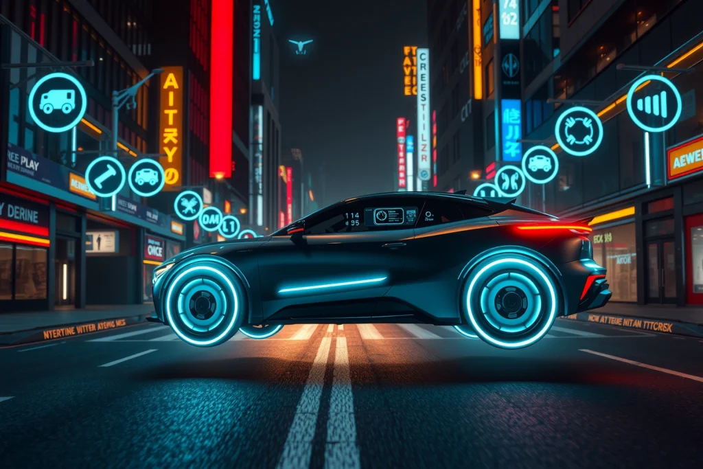 A futuristic vehicle with glowing neon wheels, advanced AI interface on the dashboard, hovering slightly above a sleek cyberpunk city street at night, surrounded by holographic traffic signs and autonomous drones, ultra-detailed, cinematic lighting, high-tech aesthetic