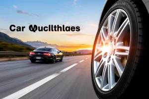 A set of high-quality, durable car wheels designed for long-distance travel, displayed on a scenic highway at sunset with mountains in the background, emphasizing comfort, reliability, and performance; close-up view of the wheels with detailed tread patterns and alloy finish, motion blur suggesting smooth movement, no text or logos visible