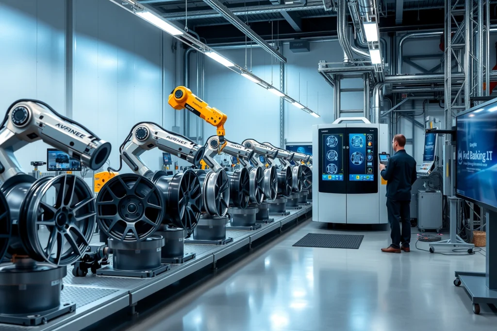 A modern wheel manufacturing facility with advanced robotic arms assembling alloy wheels, automated CNC machines shaping rims, digital quality control systems scanning for defects, and engineers monitoring real-time data on large touchscreen displays, all set in a clean, high-tech industrial environment with soft blue and silver lighting