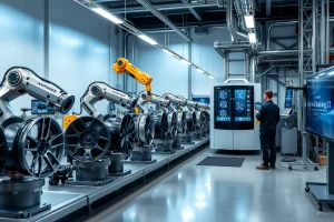 A modern wheel manufacturing facility with advanced robotic arms assembling alloy wheels, automated CNC machines shaping rims, digital quality control systems scanning for defects, and engineers monitoring real-time data on large touchscreen displays, all set in a clean, high-tech industrial environment with soft blue and silver lighting