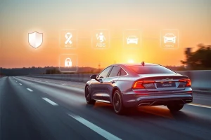 A modern, sleek car from the Koleso-Bestune brand driving confidently on a clean, well-lit highway at sunset, with subtle glowing safety icons (shield, seatbelt, ABS, airbag) floating transparently around it to symbolize reliability and security, soft lens flare, high detail, realistic lighting, no text or logos visible on the vehicle