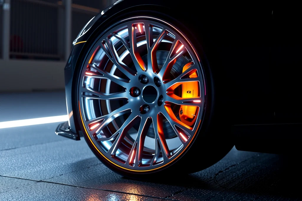 A futuristic car wheel with advanced alloy design, glowing energy patterns on the rim, floating slightly above a sleek road surface under soft ambient lighting, emphasizing high-tech precision and premium quality
