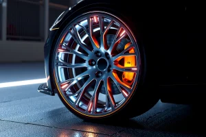 A futuristic car wheel with advanced alloy design, glowing energy patterns on the rim, floating slightly above a sleek road surface under soft ambient lighting, emphasizing high-tech precision and premium quality