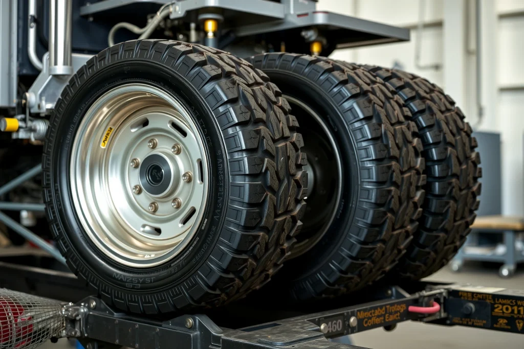 A set of durable, high-quality wheels made of reinforced alloy with visible tread patterns, mounted on a sturdy vehicle chassis in a clean industrial workshop setting, soft natural lighting highlighting metal textures and precision engineering, no text or labels visible