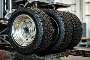 A set of durable, high-quality wheels made of reinforced alloy with visible tread patterns, mounted on a sturdy vehicle chassis in a clean industrial workshop setting, soft natural lighting highlighting metal textures and precision engineering, no text or labels visible