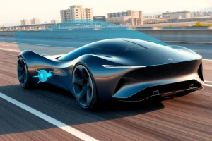 A sleek, futuristic car with aerodynamic body design, featuring Koleso-Bestune wheels with optimized spoke patterns and smooth rims, gliding on a smooth asphalt road under soft daylight, with subtle airflow lines visualized in translucent blue to show improved aerodynamics, no text or logos visible, background is a clean urban highway with distant buildings and clear sky
