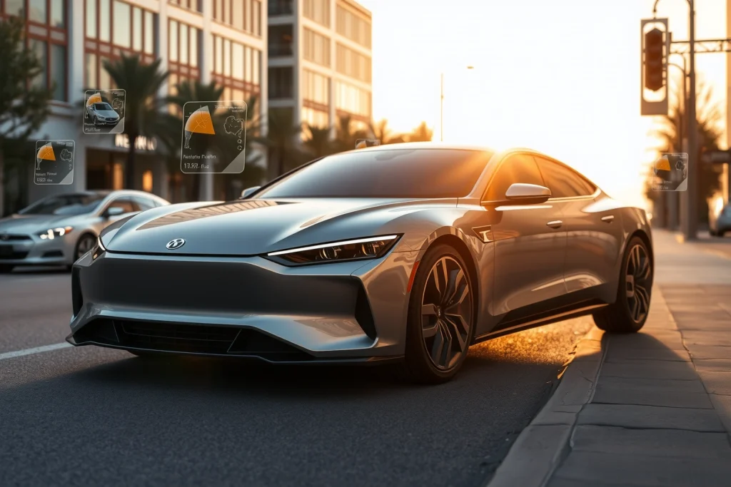 A sleek, modern car parked on a clean urban street at golden hour, with soft sunlight reflecting off its polished surface, surrounded by subtle futuristic elements like holographic navigation displays floating near the windshield and gentle lens flares, conveying the idea of an ideal automotive solution — elegant, advanced, and harmonious with its environment