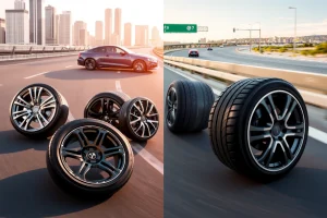 A dynamic collage showing high-performance car wheels designed for both city streets and highway driving: sleek alloy rims with modern multi-spoke designs, some with low-profile tires for urban agility, others with wider, treaded tires for highway stability, arranged on a reflective asphalt surface under soft daylight, with subtle motion blur suggesting speed, urban skyline and distant highway in the background, no text, no logos, no people