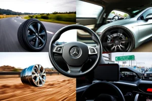 A dynamic collage showing different types of car wheels — alloy, steel, forged, and off-road — arranged around a central steering wheel, with subtle motion blur suggesting driving styles: sporty (low-profile tires on a winding road), luxury (sleek chrome on a highway), rugged (mud-terrain tires on dirt), and urban (compact design in city traffic). Each wheel style is visually linked to its driving context through background elements like road textures, speed lines, and environmental cues, all re