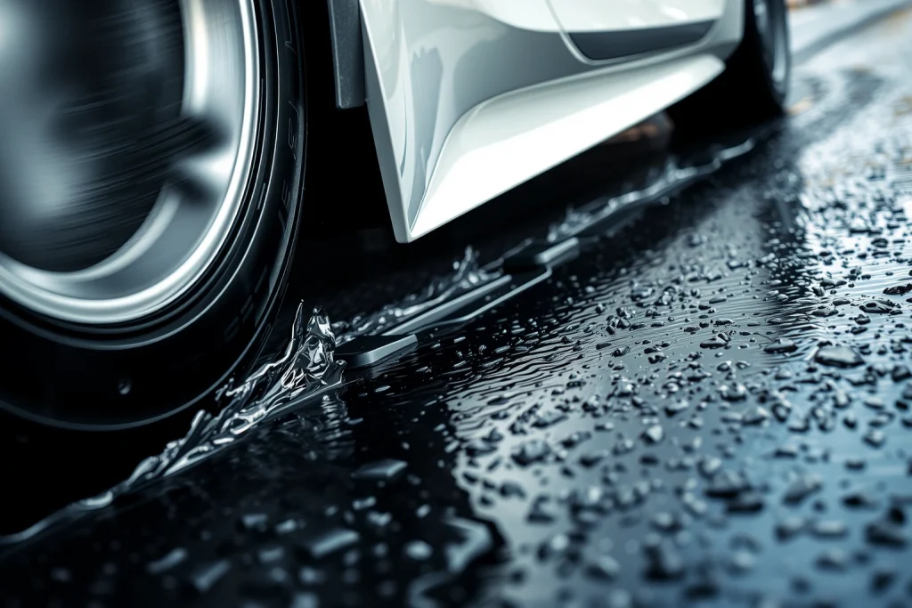 A high-performance car tire gripping a wet asphalt road with visible water displacement and dynamic motion blur, emphasizing traction and control, close-up view from ground level, dramatic lighting with reflections on wet surface, realistic textures of rubber and road, no text or symbols