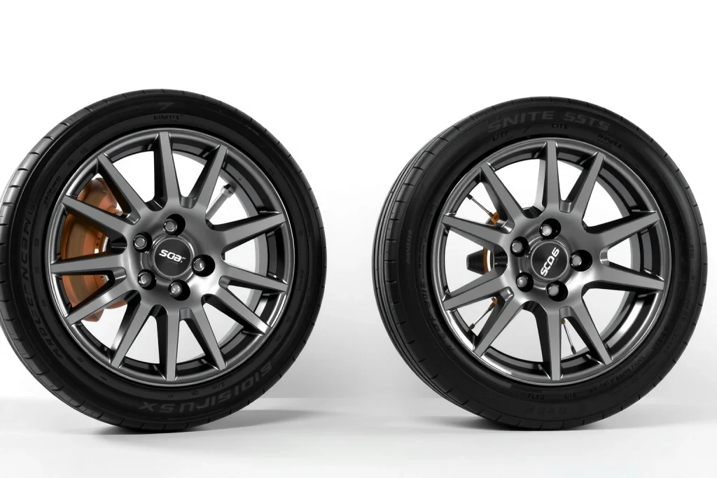 A set of high-quality, durable car wheels designed for long-distance travel, displayed on a clean white background with subtle shadows to emphasize their sleek design, alloy material, and aerodynamic spokes; include close-up details of the tread pattern and hub assembly to convey reliability and comfort for extended journeys
