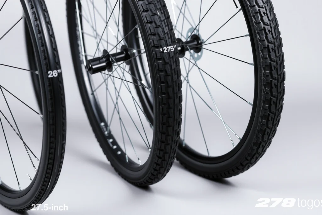 A close-up of a bicycle wheel with a clear focus on the rim and tire, showing different wheel diameters (26-inch, 27.5-inch, and 29-inch) arranged side by side on a neutral gray background, each labeled subtly with thin white measurement lines and numeric values (26, 27.5, 29) near the tire sidewall, soft natural lighting, high detail on tread texture and spoke pattern, no text overlays, no logos, no additional objects