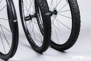 A close-up of a bicycle wheel with a clear focus on the rim and tire, showing different wheel diameters (26-inch, 27.5-inch, and 29-inch) arranged side by side on a neutral gray background, each labeled subtly with thin white measurement lines and numeric values (26, 27.5, 29) near the tire sidewall, soft natural lighting, high detail on tread texture and spoke pattern, no text overlays, no logos, no additional objects