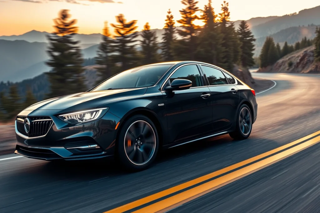 A modern car with enhanced handling, driving smoothly on a winding mountain road at sunset, with visible dynamic tire grip and motion blur to emphasize control and stability, sleek design, bright headlights on, scenic backdrop of pine forests and distant peaks, realistic lighting and reflections on the car's surface