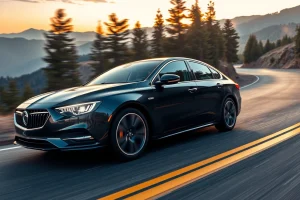 A modern car with enhanced handling, driving smoothly on a winding mountain road at sunset, with visible dynamic tire grip and motion blur to emphasize control and stability, sleek design, bright headlights on, scenic backdrop of pine forests and distant peaks, realistic lighting and reflections on the car's surface