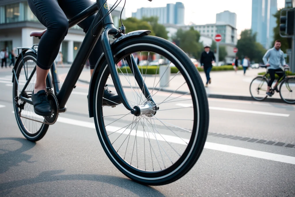 A modern urban cyclist riding a sleek city bicycle with a focus on the front wheel — showing a high-quality, lightweight alloy rim with a smooth tire, subtle tread pattern, and integrated dynamo hub, set against a clean city street background with blurred pedestrians, bike lanes, and distant modern architecture under soft daylight; the wheel is sharply in focus, emphasizing its design and suitability for urban commuting
