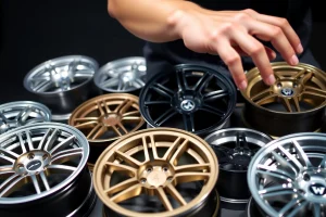 A close-up of a person's hands carefully selecting custom wheels from a display of high-end automotive rims, each wheel uniquely designed with different finishes, spoke patterns, and sizes, arranged on a sleek black surface under soft studio lighting, emphasizing individuality and precision in choice