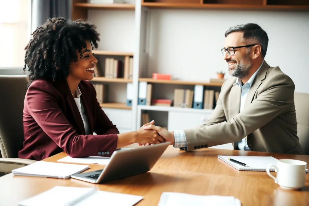 A warm, professional office scene showing a consultant sitting across from a diverse client at a wooden desk, exchanging a handshake with a smile, soft natural light from a window, books and a laptop visible in the background, subtle details like a coffee cup and notepad, conveying personalized attention and trust