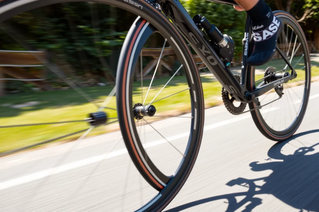 A close-up of high-performance bicycle wheels with carbon fiber rims, aerodynamic spokes, and precision hubs, mounted on a sleek road bike in motion on a smooth asphalt road under bright daylight, with motion blur emphasizing speed and efficiency, detailed textures showing material quality and engineering precision