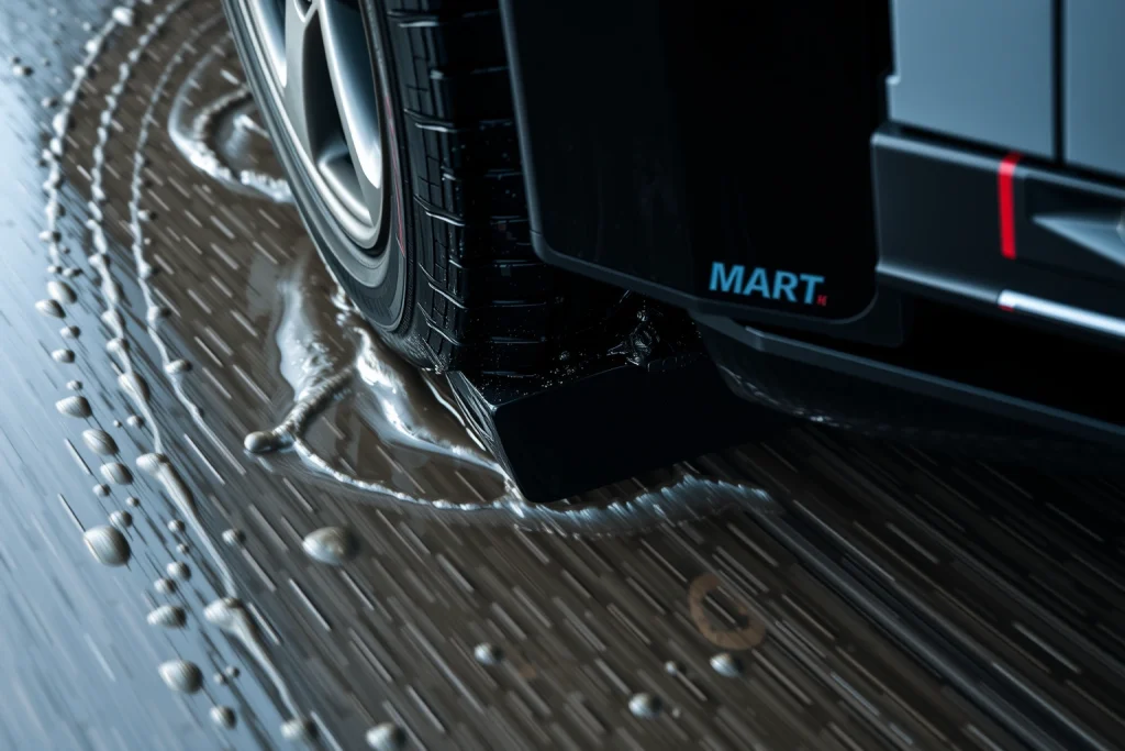 A high-performance car tire gripping a wet asphalt road with visible traction, water being displaced under the tread, dynamic motion blur suggesting speed, realistic lighting with reflections on the wet surface, detailed rubber texture and tread pattern, no text or logos