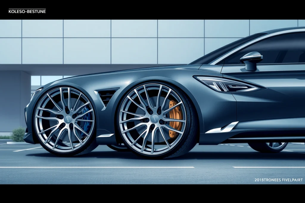 A high-quality, detailed illustration of modern car wheels from the Koleso-Bestune brand, showcasing their sleek design, durable alloy construction, and stylish spoke pattern, mounted on a luxury sedan in a clean urban environment with soft daylight, emphasizing performance and aesthetic appeal