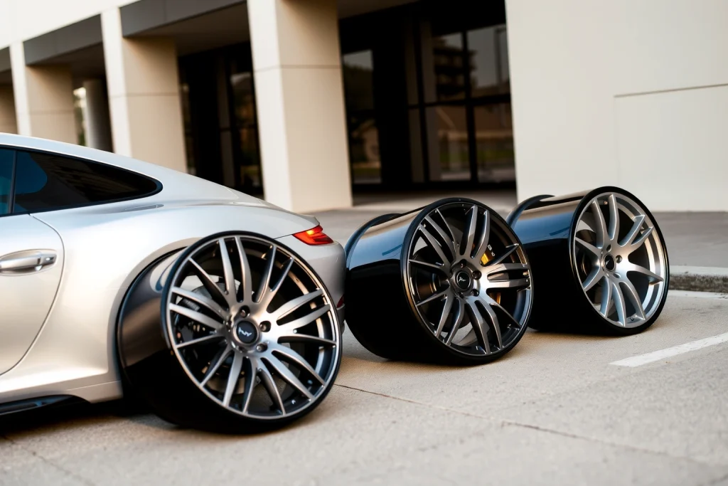 A set of stylish car wheels with modern alloy design, featuring intricate spoke patterns and a polished metallic finish, displayed on a sleek sports car in a clean urban environment with soft natural lighting, emphasizing elegance and performance