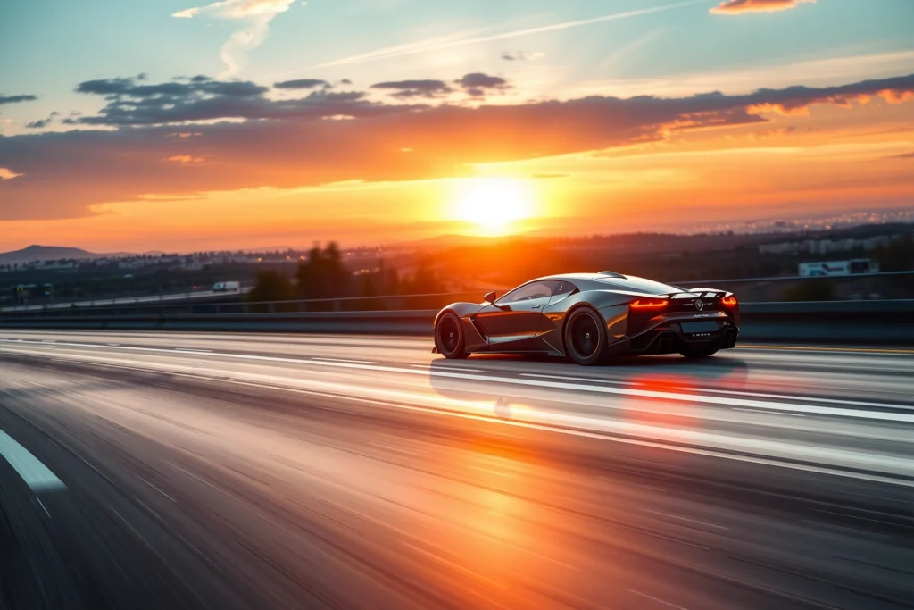 A modern, sleek car model from the Koleso-Bestune lineup driving on a futuristic highway at sunset, with glowing city lights in the distance, aerodynamic design emphasized, high detail, realistic lighting, no text or logos visible