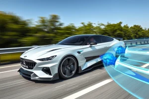 A sleek, modern car with enhanced aerodynamic design, featuring smooth contours, optimized airflow channels, and a futuristic body kit labeled 'Koleso-Bestune', driving on a highway at high speed with visible air vortices and streamlines illustrating improved aerodynamics, bright daylight, clear sky