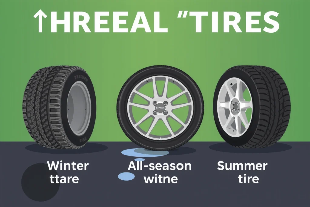 A detailed illustration showing different types of wheels suitable for various weather conditions: a winter tire with deep treads on snow, an all-season tire on wet pavement, and a summer tire on dry asphalt, arranged side by side with clear visual distinction in tread patterns and environmental context, no text or labels present