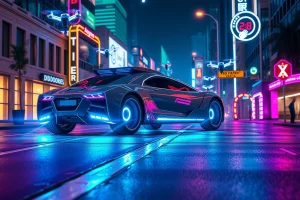 A futuristic vehicle with glowing neon wheels, hovering slightly above a sleek cyberpunk city street at night, surrounded by holographic traffic signs and floating drones, reflecting vibrant blue and purple lights on wet asphalt, ultra-detailed, cinematic lighting, sci-fi aesthetic