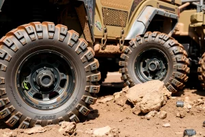 A set of large off-road wheels with deep tread patterns mounted on a rugged vehicle, surrounded by muddy terrain and rocky obstacles, emphasizing enhanced traction and durability for extreme off-road conditions, realistic lighting, detailed textures on rubber and metal, no background distractions, focus on the wheels and their aggressive design