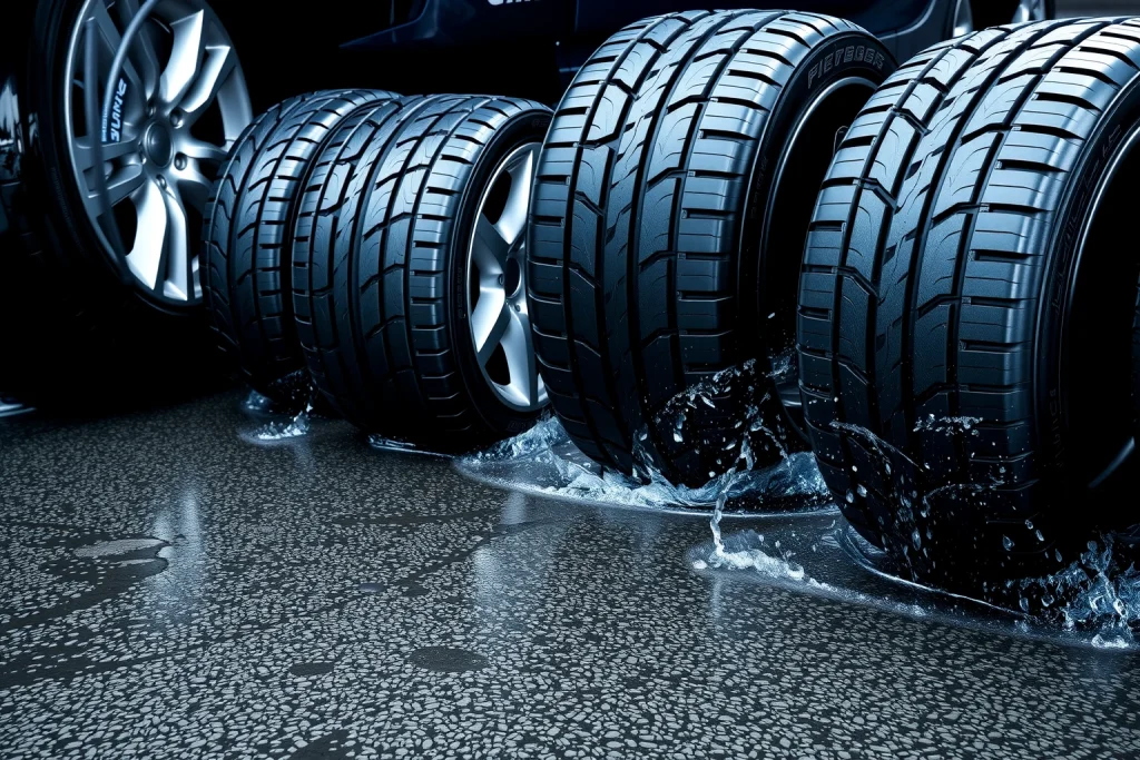 A set of high-performance car tires with deep tread patterns and aggressive sidewall design, mounted on alloy wheels, positioned on a wet asphalt road with visible water spray and tire marks, emphasizing superior traction and grip, realistic lighting with reflections on the wet surface, no text or logos