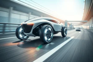 A modern, high-tech vehicle with multiple wheels in motion on a futuristic highway, emphasizing efficiency and reliability through sleek design, glowing energy trails from each wheel, and a clean, aerodynamic body under bright daylight with subtle lens flares and motion blur to convey speed and stability