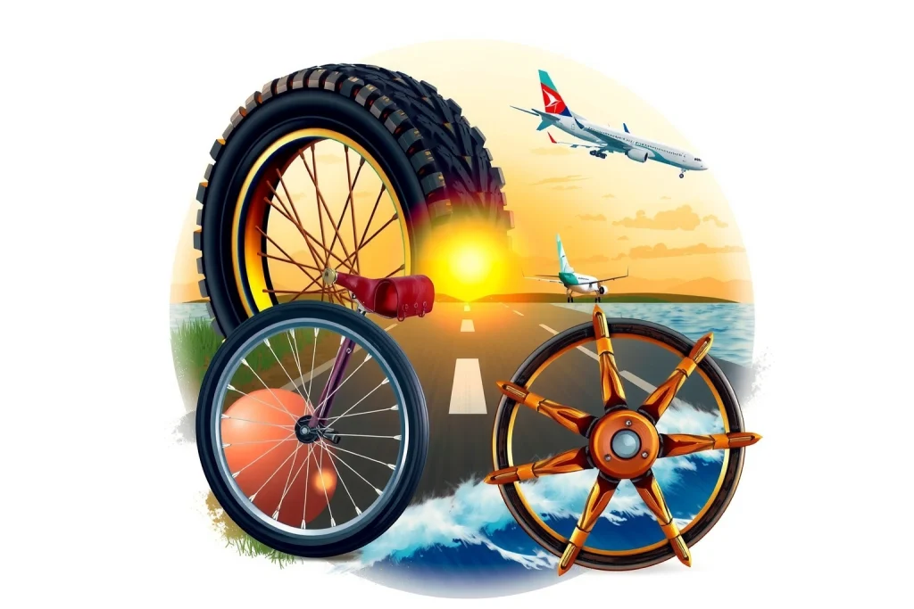 A vibrant, detailed illustration of various travel and adventure wheels: a rugged off-road tire on a mountain trail, a vintage bicycle wheel with spokes and leather saddle, a sleek airplane wheel on a runway at sunset, and a sailboat’s rudder wheel on open ocean waves, all arranged dynamically in a circular composition suggesting journey and exploration, with soft golden hour lighting and subtle motion blur to convey movement