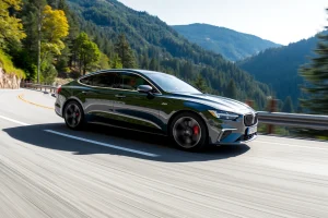 A modern car with enhanced handling driving smoothly on a winding mountain road, emphasizing precision steering and stability, with dynamic motion blur on the wheels and sharp focus on the vehicle's sleek design, surrounded by lush green forests and clear blue sky, conveying confidence and control