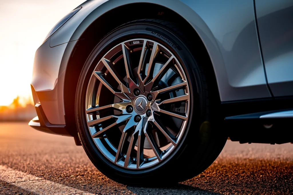 A high-quality close-up of a modern luxury car wheel with intricate alloy design, polished chrome finish, and visible tire tread, set against a clean, blurred urban road background at golden hour, emphasizing precision engineering and premium craftsmanship