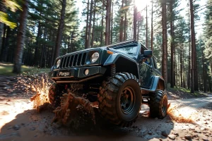 A rugged off-road vehicle with enhanced ground clearance and aggressive tires driving through a muddy forest trail, surrounded by dense pine trees and splashing mud, sunlight filtering through the canopy, dynamic motion blur on wheels, realistic textures on metal and rubber, no logos or text visible