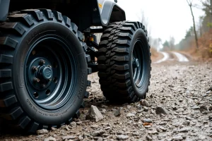 A set of large, rugged off-road wheels with deep tread patterns mounted on a sturdy vehicle axle, positioned on uneven terrain with mud, rocks, and loose gravel to demonstrate enhanced traction and ground clearance; background shows a forested trail with slight elevation, emphasizing improved off-road capability; no text, logos, or digital overlays present