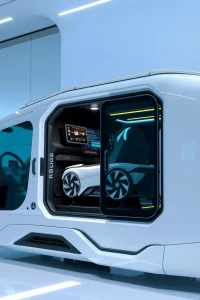 A modern, sleek security system with advanced wheels integrated into a high-tech vehicle or structure, emphasizing cutting-edge safety technology in a clean, futuristic setting