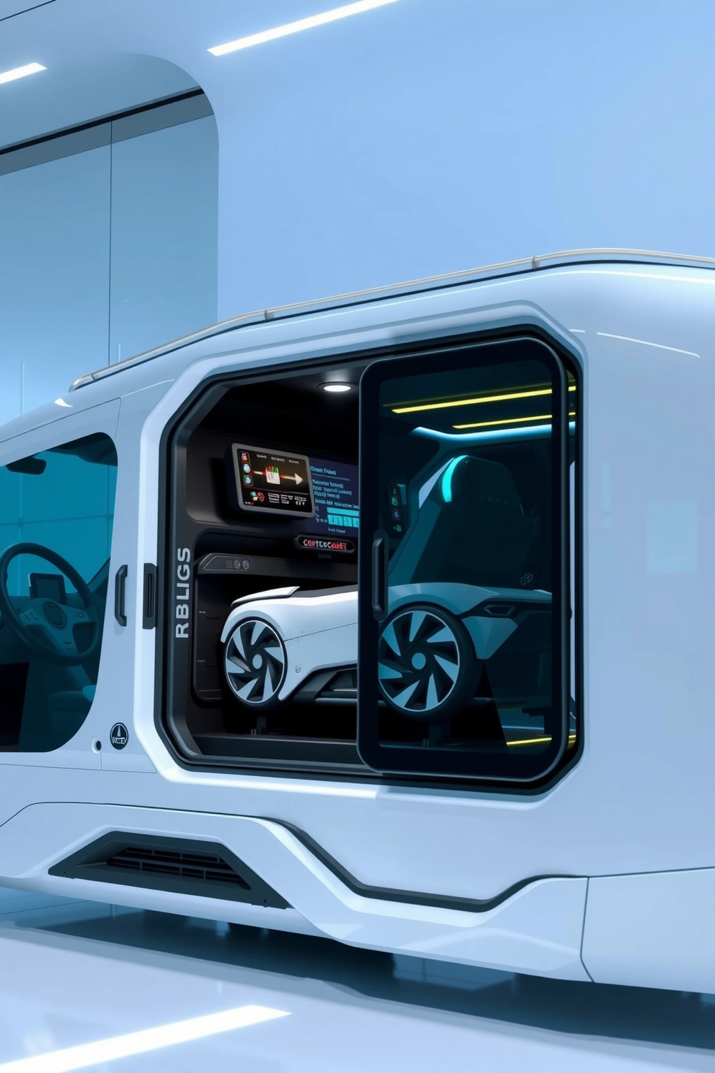 A modern, sleek security system with advanced wheels integrated into a high-tech vehicle or structure, emphasizing cutting-edge safety technology in a clean, futuristic setting