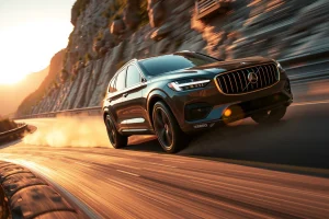 A dynamic, high-speed shot of a modern car accelerating on a winding mountain road at sunset, with motion blur emphasizing speed, dust kicked up from tires, and the car's sleek design highlighted by golden hour lighting. The brand name 'Koleso-Bestune' is subtly integrated into the scene as a faint, elegant emblem on the car's grille or side panel — no visible text, letters, or digits. The atmosphere is energetic and aspirational, conveying enhanced performance and driving thrill.