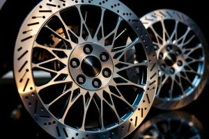 A high-resolution close-up of premium automotive wheel discs with intricate spoke design, polished metallic finish reflecting soft studio lighting, placed on a dark reflective surface, emphasizing precision engineering and luxury craftsmanship